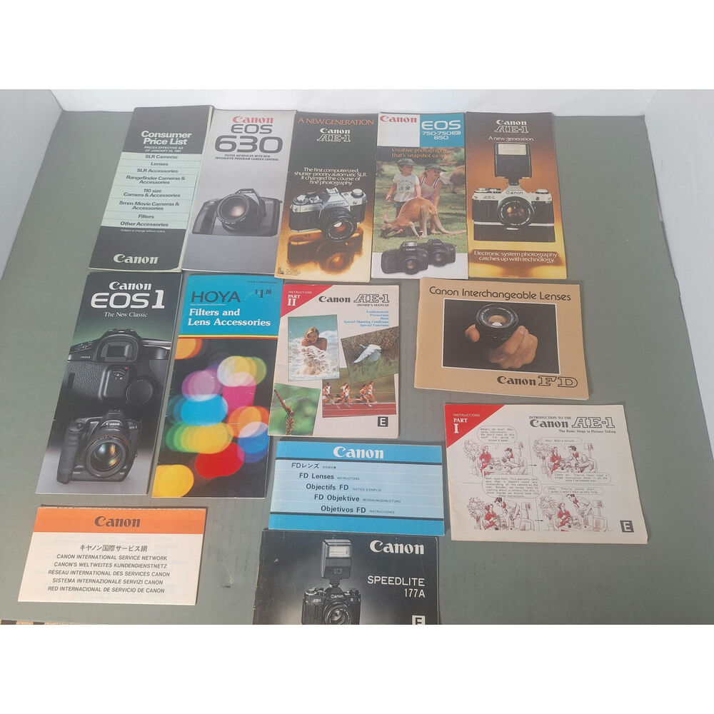 Vintage Canon Camera Manual Lot AE-1 EOS FD Lens Speedlite Brochure Guide